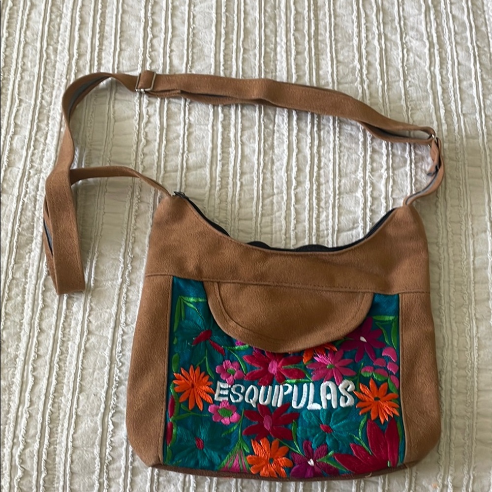 Tan and Multicolor Embroidered Women's Bag